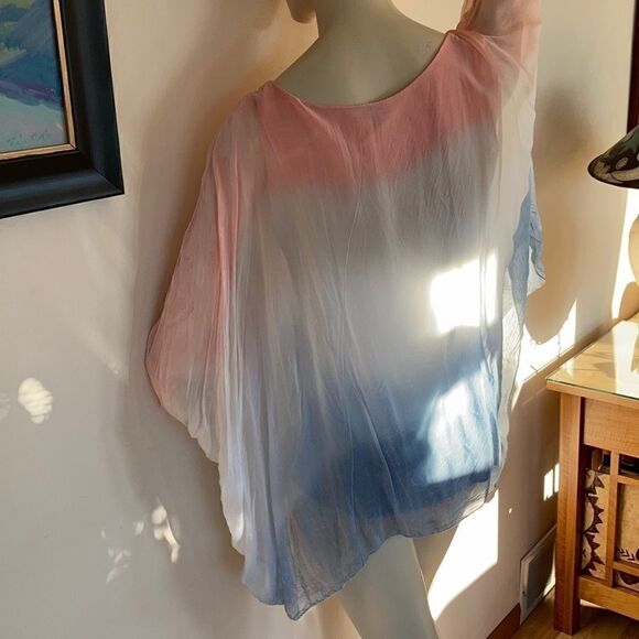 Vintage sheer Blouse Peach Fuzz Blue silk two piece layered Ombré Top size Small - Picture 13 of 16